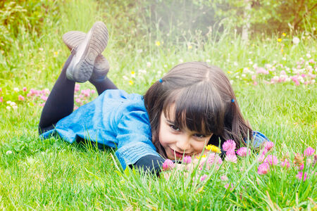 Happy little girl picking wild flowers lying in the grassの写真素材