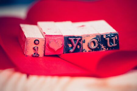 I love you message with rubber stamp letter blocks on a red surfaceの写真素材