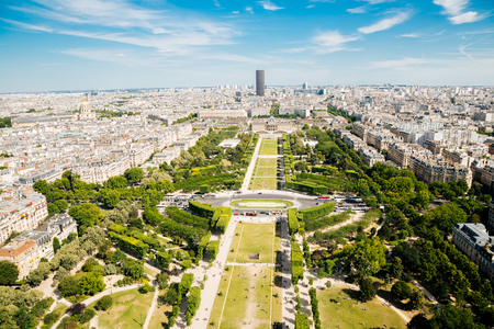 Aerial view of Champ de Mars and Montparnasse Tower from the Eiffel Tower in Paris