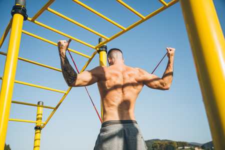 Athletic young man warm up by stretching a resistance band before exercises at the calisthenics gym outdoorsの写真素材