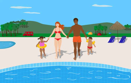 Happy young mixed race family enjoying the pool in a camping. Summer vacation conceptのイラスト素材