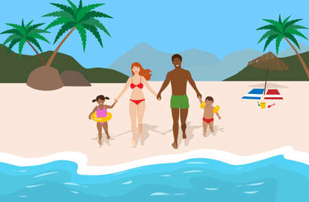 Happy mixed race family running to the water in a tropical beach. Summer vacation conceptのイラスト素材