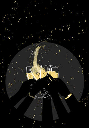 Silhouettes of the arms of a group of people toasting with champagne at a night party while golden confetti falls. Vector illustrationのイラスト素材