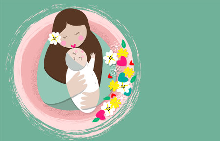 Happy motherÂ´s day greeting card or background with a mother holding and kissing baby lovingly in arms surrounded by flowers. Vector illustration.のイラスト素材