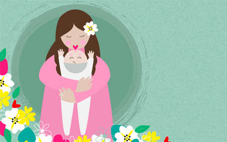 Happy motherÂ´s day greeting card or background with a mother holding and kissing baby lovingly in arms surrounded by flowers. Vector illustration.の写真素材