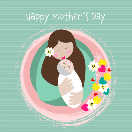 Happy motherÂ´s day greeting card or background with a mother holding and kissing baby lovingly in arms surrounded by flowers. Vector illustration.のイラスト素材