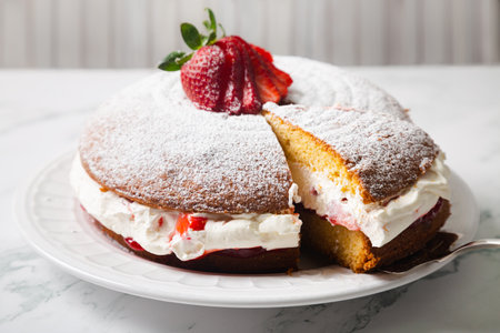 Homemade Victoria sponge cake filled with starwberries, jam and whipped cream decorated with icing sugar and strawberry on a white marble tableの写真素材