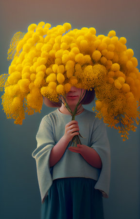 Little girl in blue jumper and skirt holding a huge bunch of yellow mimosa flowers that covers her face. Generative AIの素材