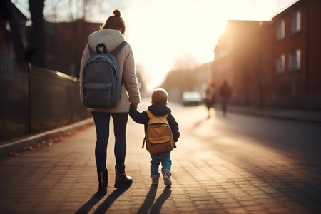 Rear view of a mother walking holding the hand of her little son towards the kindergarten in the morningの素材