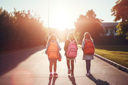 Rear view of three schoolgirls with backpacks walking to school in a sunny dayの素材