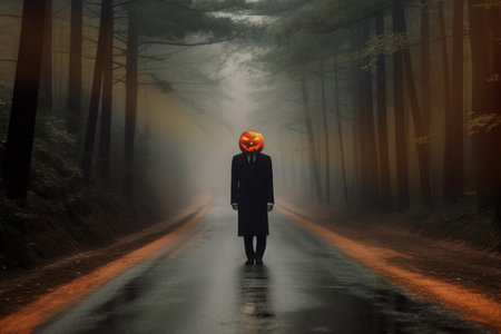 Haunting tall thin man dressed in a black coat with jack o lantern head standing in the middle of a road in the woodsの素材