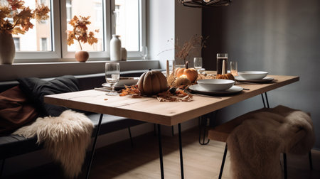 Autumn and thanksgiving dining table decoration in nordic and cosy styleの素材