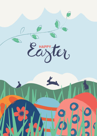 Cute illustration of Easter eggs hidden among the grass in the foreground and rabbits in the meadow in the background. Handwritten typography. Easter background, poster, greeting cardのイラスト素材