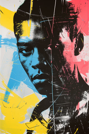 Portrait of an attractive young black man in the style of screen printing with stains and colored brush strokes, and scratches crossing out her face. Decorative artwork, poster, cover, backgroundの素材
