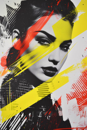 Portrait of a beautiful  fashion woman in the style of screen printing with stains and colored brush strokes, and scratches. Decorative artwork, poster, cover, backgroundの素材