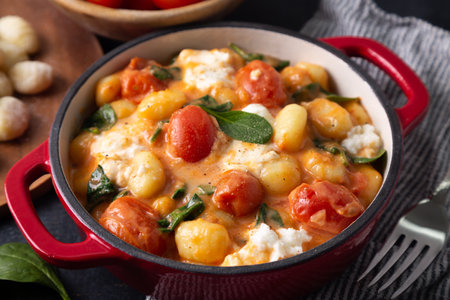Close up of a casserole of gnocchi in creamy tomato sauce with baby spinach and melted mozzarellaの写真素材