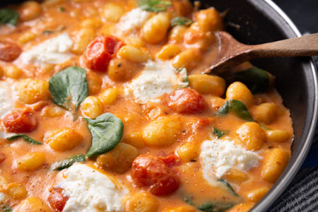 Close up of gnocchi in creamy tomato sauce with baby spinach and melted mozzarellaの写真素材