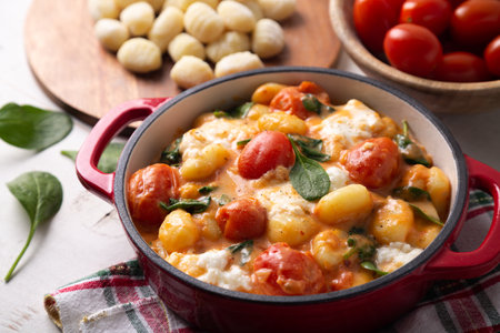 Close up of a casserole of gnocchi in creamy tomato sauce with baby spinach and melted mozzarellaの写真素材