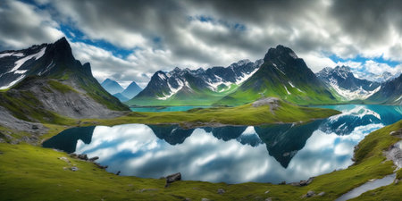 Panoramic view of mountain lake with reflection in the water, Icelandの写真素材