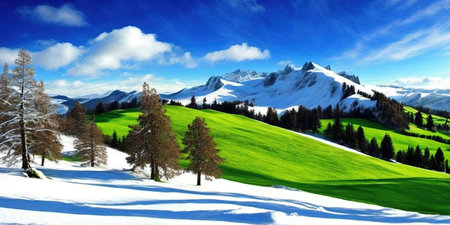 Panoramic view of the snow-capped Swiss Alps.の写真素材
