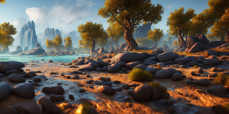 Fantasy landscape with trees and lake. 3D illustration. Digital painting.の写真素材