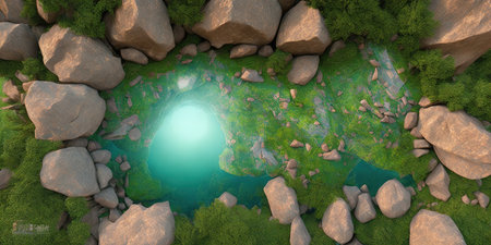 3D CG rendering of green meadow with stones and river.の写真素材