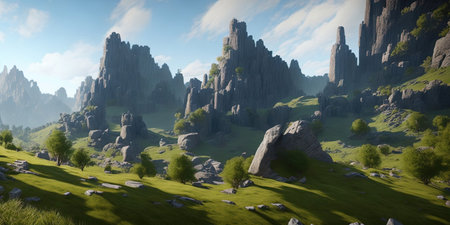panoramic view of the rocks in the meadow. 3d renderの写真素材
