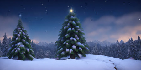 Fir trees covered with snow at night. 3D illustration.の写真素材