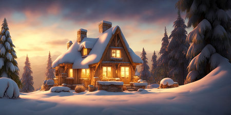 Wooden cottage in the winter forest. 3d render illustration.の写真素材