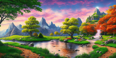 Fantasy landscape with a river and a mountain range in the backgroundの写真素材