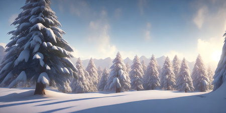 Winter landscape with snowy fir trees and blue sky. 3d renderingの写真素材
