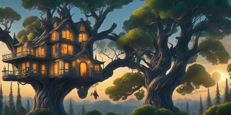 fantasy landscape with old wooden house in the forest - illustration for childrenの写真素材