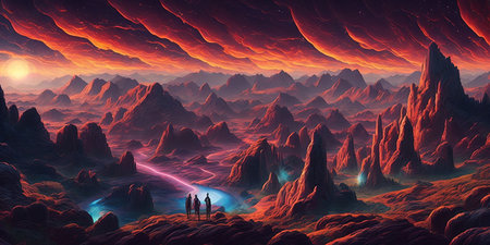 Fantasy alien planet. Mountain and lake. 3D illustration.の写真素材