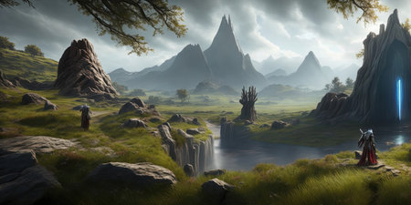 Fantasy landscape with a waterfall in the mountains. 3d renderの写真素材