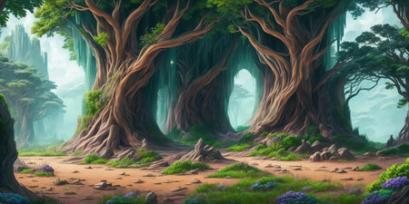Fantasy landscape with fantasy trees and plants. 3d illustration.の写真素材