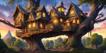 Fantasy landscape with old wooden houses in the forest - illustration for childrenの写真素材