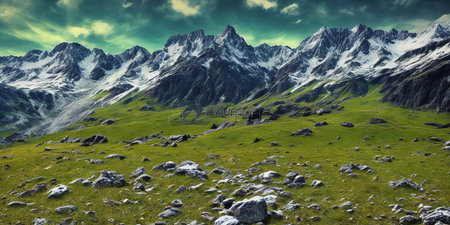 Beautiful mountain landscape with green meadow and snow-capped peaksの写真素材