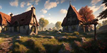 3d render of a fantasy fairytale village with wooden housesの写真素材