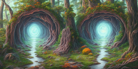 Fantasy forest with a path in the middle. 3d renderingの写真素材