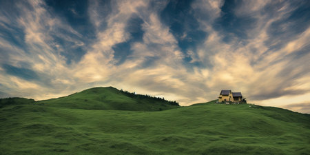 House on the hill at sunset, panoramic view. 3D renderingの写真素材