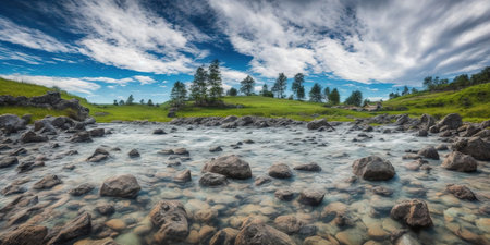 Panoramic view of a mountain river in the Altai mountainsの写真素材