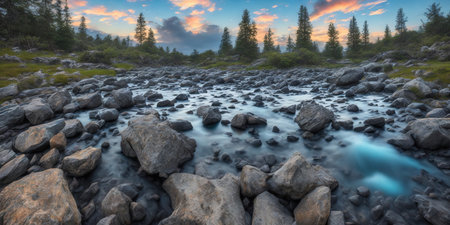 Panoramic view of the mountain river at sunset, Karelia, Russiaの写真素材