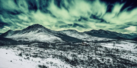 Winter mountain landscape with snow covered trees and house in the mountains.の写真素材