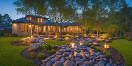 Panoramic view of luxury house in the garden at dusk.の写真素材