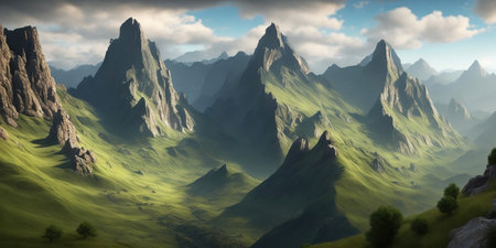 Panoramic view of mountains in the clouds. 3d renderの素材