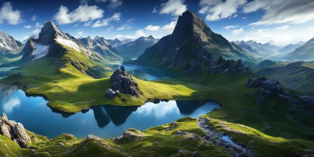 Fantastic panoramic view of the mountain lake. Dramatic and picturesque scene.の素材
