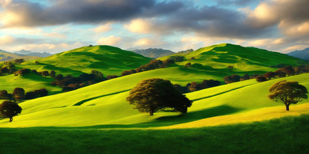 Sunset over rolling hills and trees in California, United States.の素材