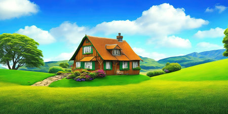 wooden cottage in the meadow. 3d rendering. Computer digital drawing.の素材