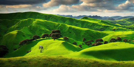 Landscape of green hills with grazing cows at sunset. Nature composition.の素材