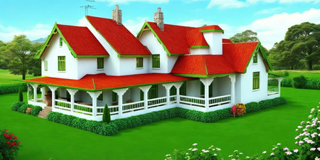 3D render of a beautiful house with red roof and green grassの素材